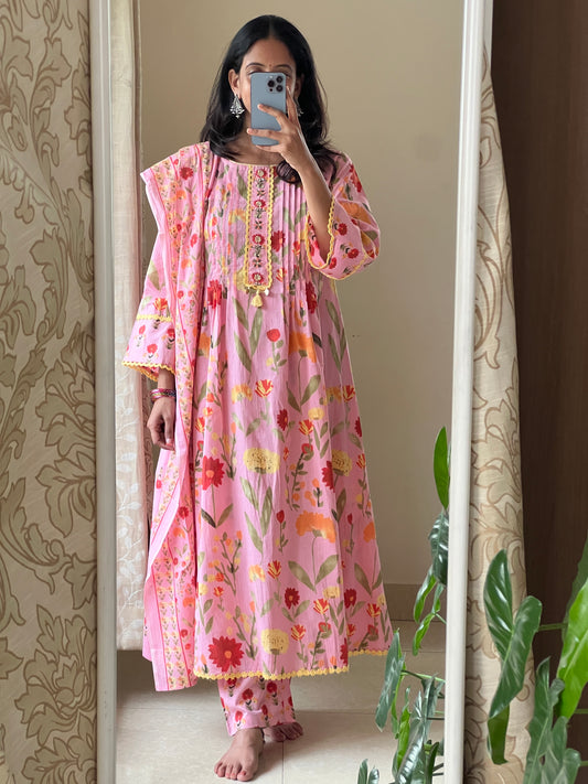 A0480 pink pure cotton floral digital printed 3 piece set