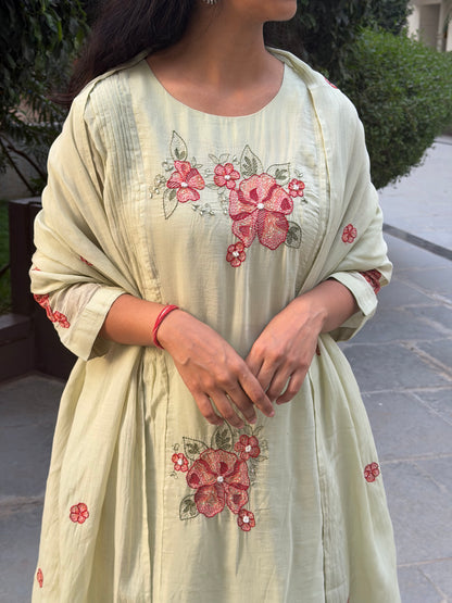 A0704 pista green mul chanderi 3 piece dress floral embroidery butties all over the dress comes with cut work duppatta