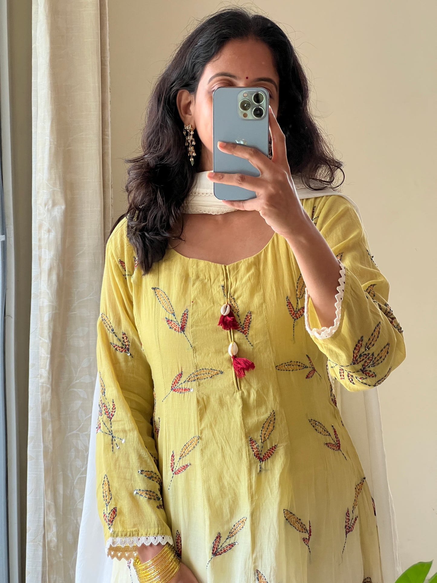 A0504 yellow & white shaded mul chanderi 3 piece dress with Kantha work detailing all over the dress