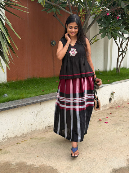 A0835 Handloom Cotton Black and Red checks Skirt and Top