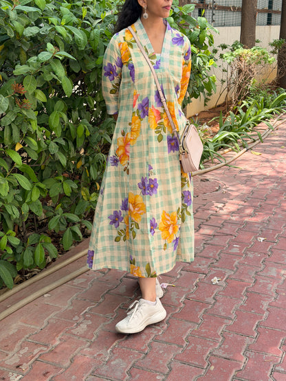 A0727 Green checks mul cotton dress with floral detailing