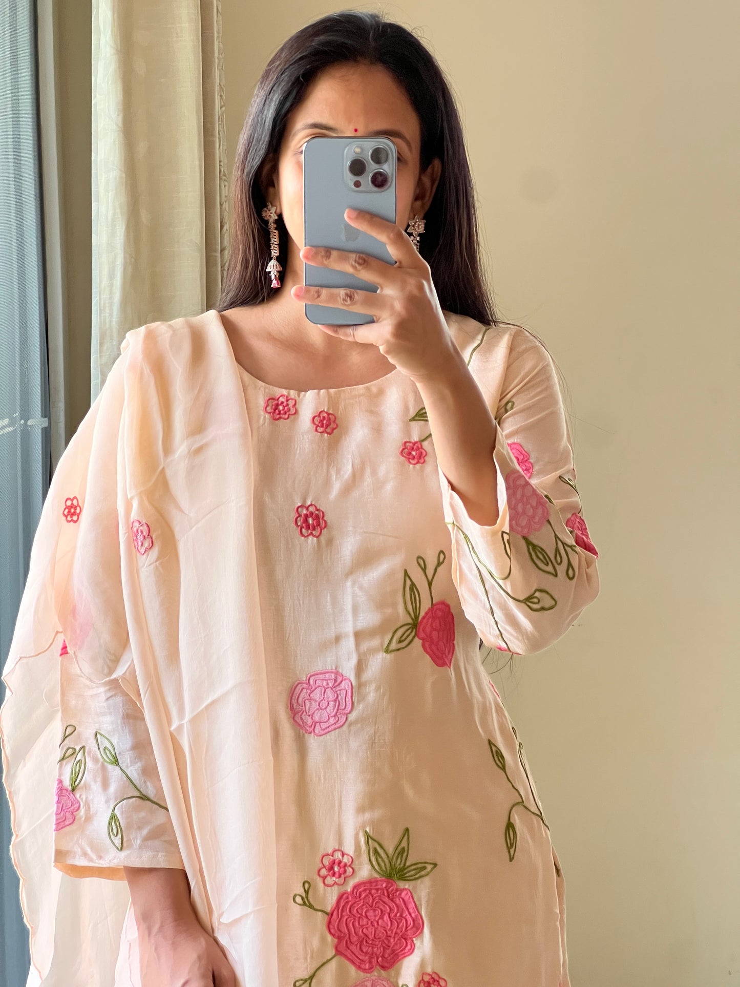 A0439 light peach dola silk 3 piece dress with applique work detailing comes with organza dupatta