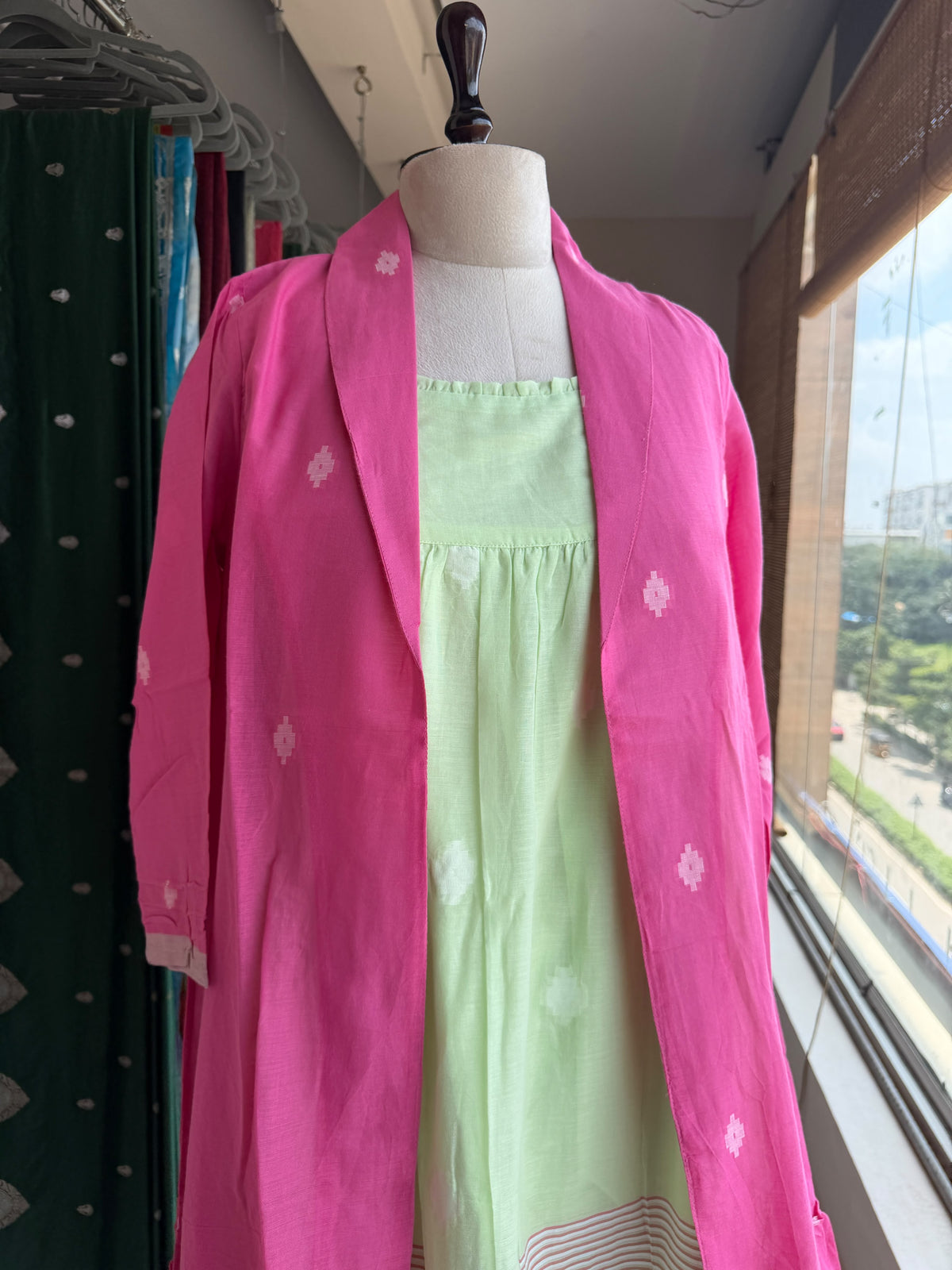 A0836 green & pink Jamdani coat dress
