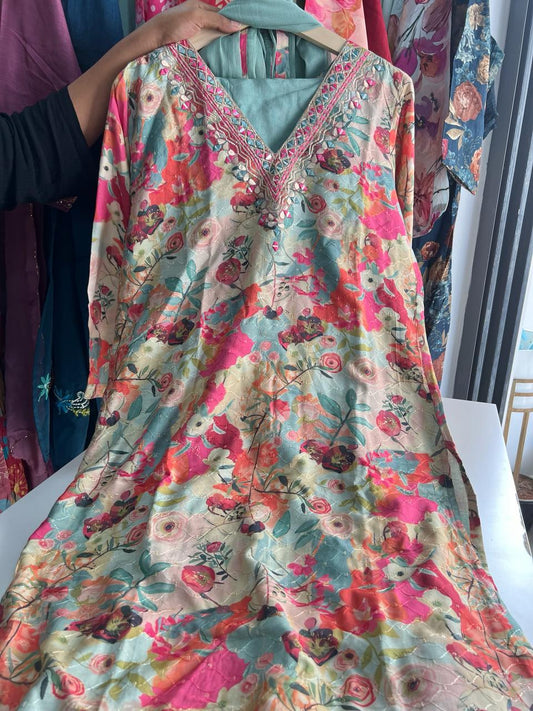 9003 muslin digital printed and machine embroidery 3 piece dress