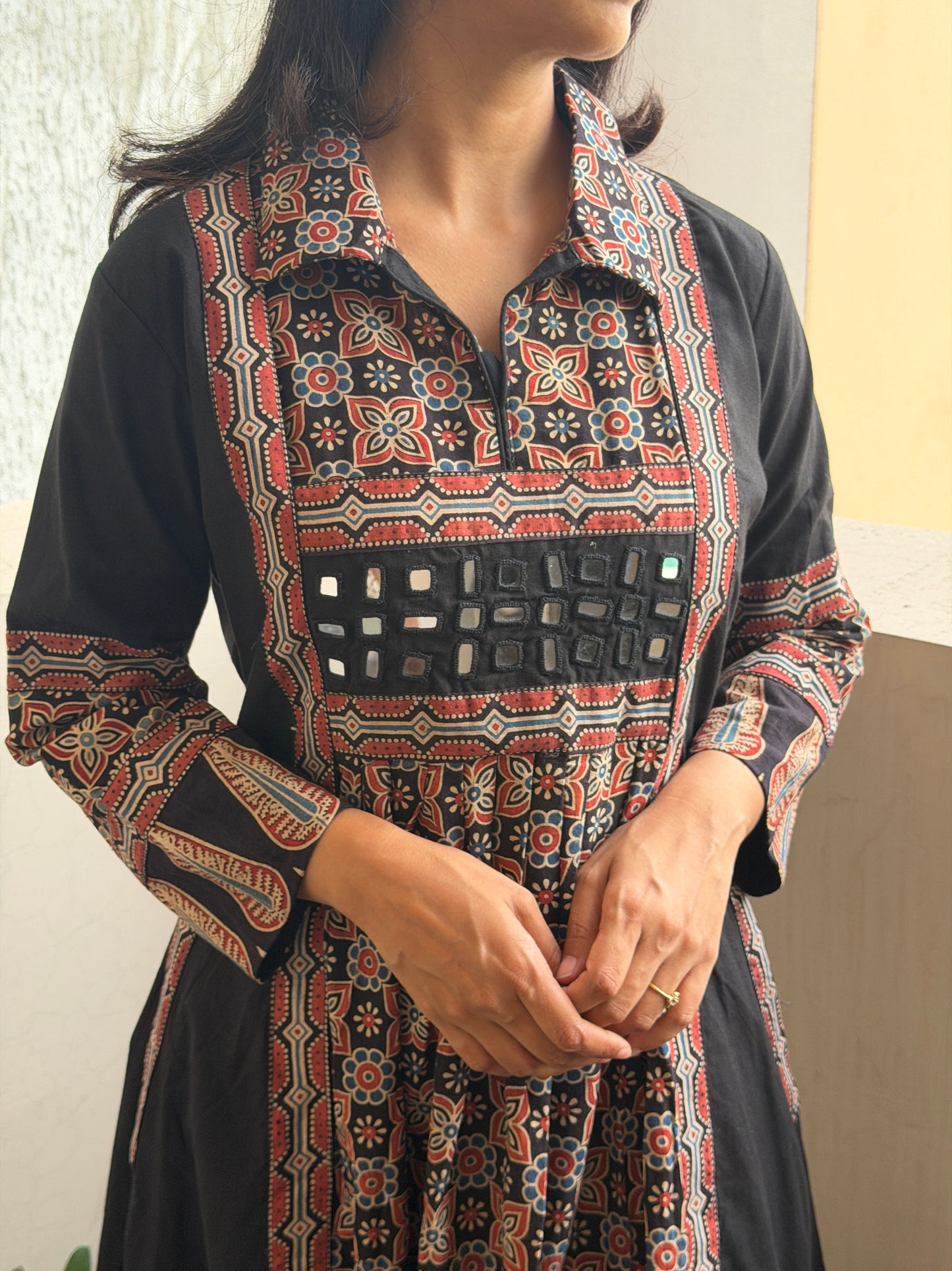 A0776 Black Ajrak A-line dress with cute pockets