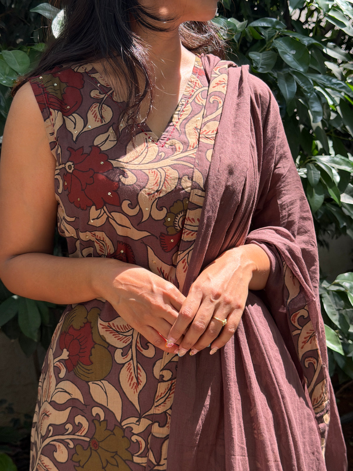 A0879 Beautiful Mauve shade kalamkari pure cotton 3 piece dress