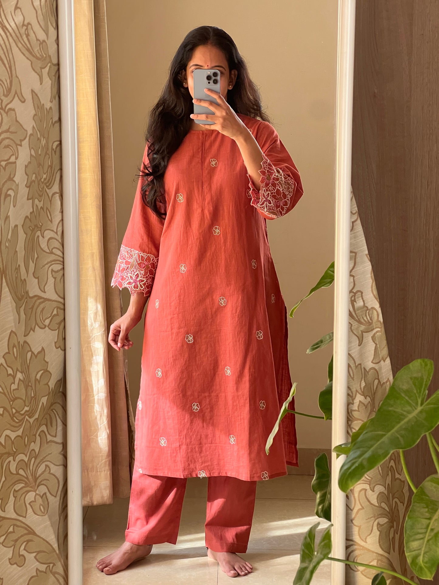 A0311 rust cotton 2 piece dress with machine embroidery detailing
