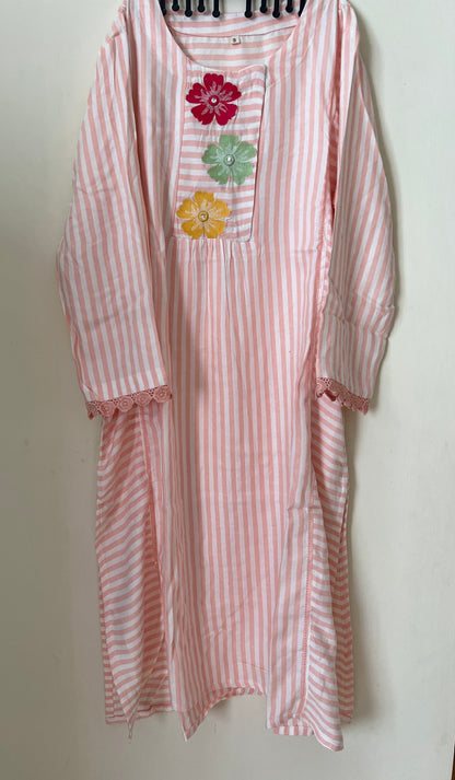 A0206 peach stripes handloom cotton 2 piece dress with machine embroidery on yoke