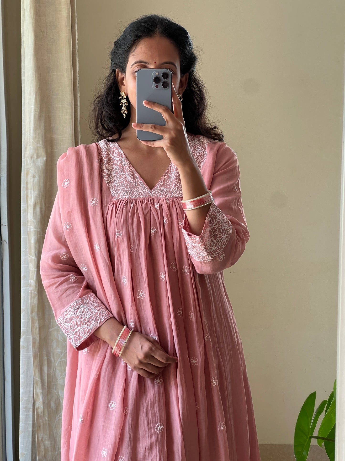 A0519 nude rose mul chanderi 3 piece dress with embroidery detailing all over the dress