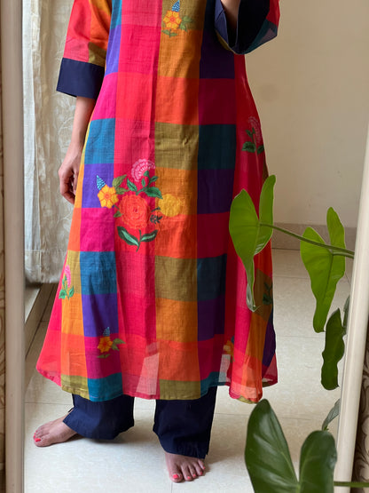 A0665 mul cotton multi colour checks digital printed kurta and navy blue pants, kurta comes with lining