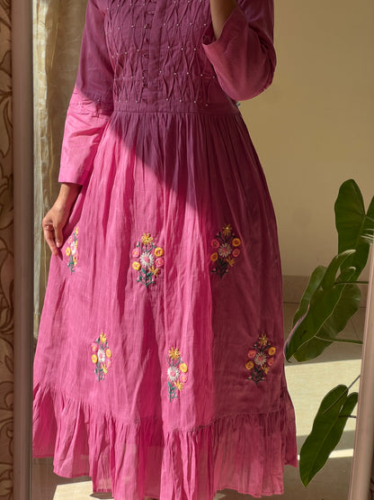 A0547 pink Mulmul one piece dress with rose bunches hand embroidery all over the dress & smocking detailing over yoke part