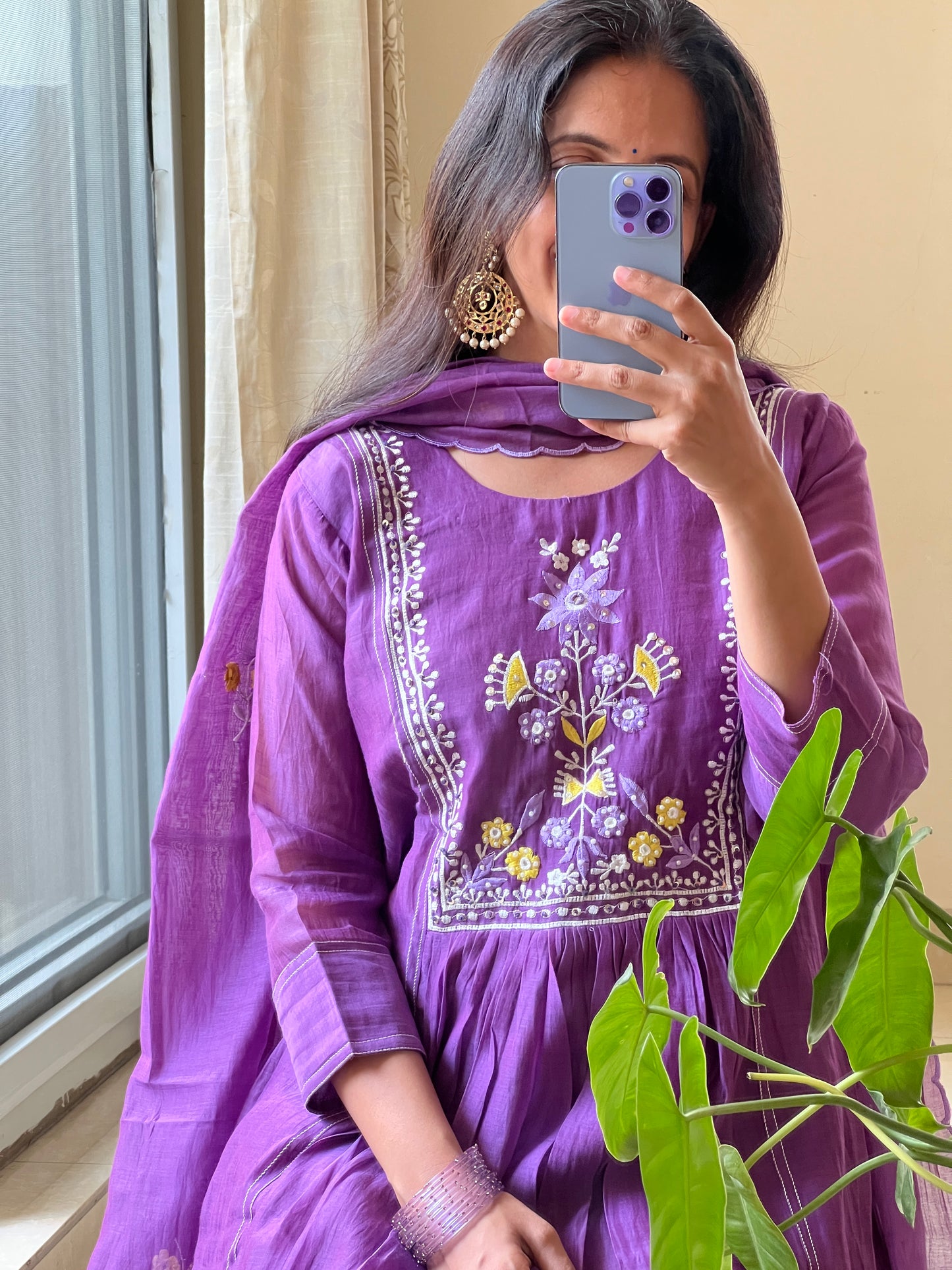 A0422 purple mul chanderi 3 piece dress with hand embroidery detailing