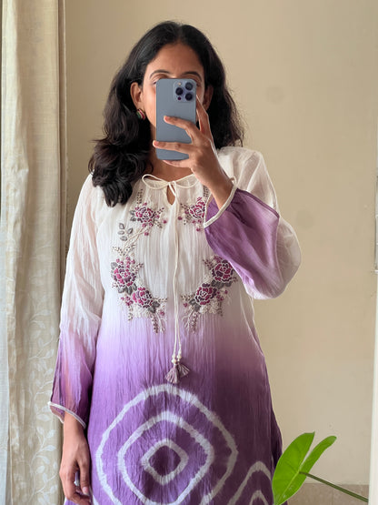 A0500 white & purple tie dye mul chanderi coord set with hand embroidery detailing on yoke part