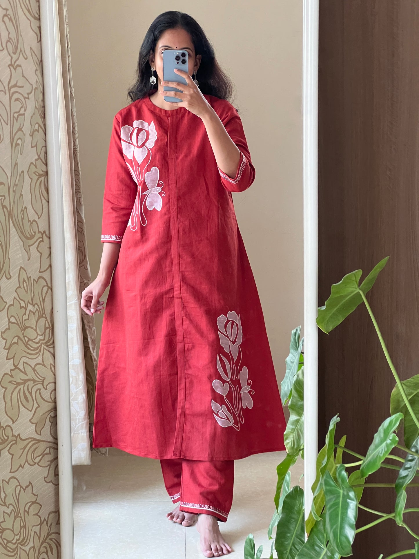 A0323 rust handloom cotton 2 piece set with applique work detailing