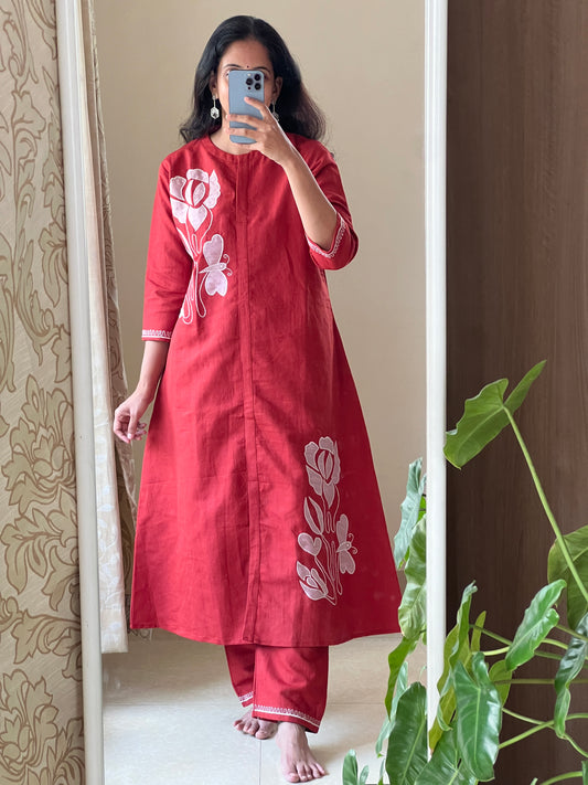 A0323 rust handloom cotton 2 piece set with applique work detailing