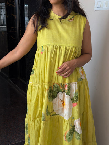 A0825 green mul cotton tier dress