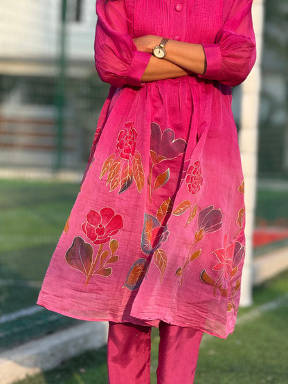 Pink shaded hand painted Mal-chanderi Co-ord set
