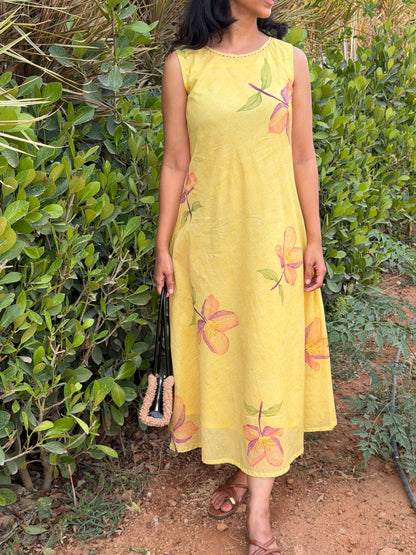 A0749 yellow mul cotton digital printed dress comes with lining