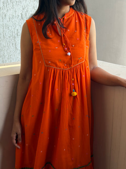 A0827 Jamdani orange dress with hand kanta work