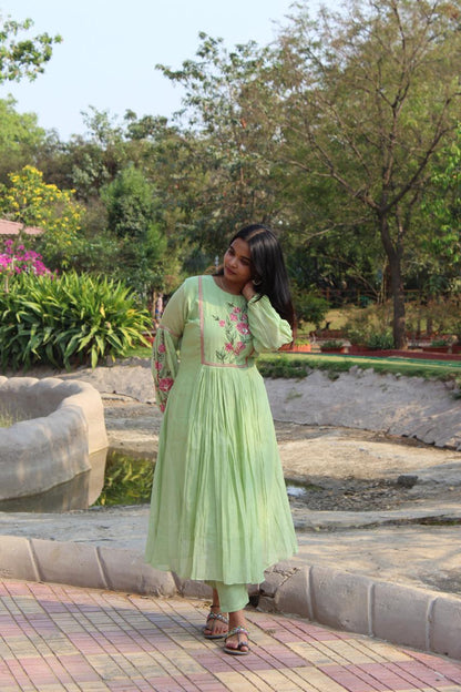 A0333 green Premium Mul chanderi 3 piece set with Applique work detailing