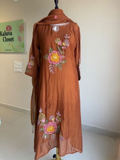A0855 rust brown mul chanderi applique work 3 piece dress