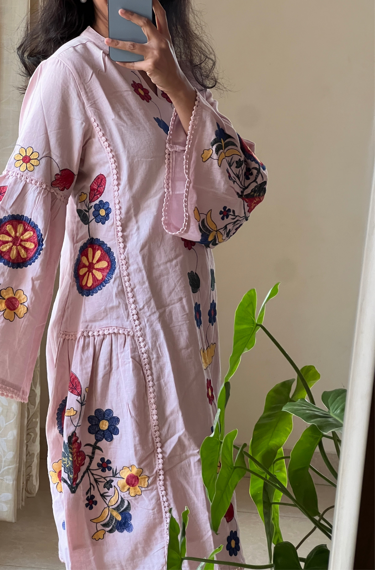A0138 Nude Pink Premium Cotton Short frock  with Machine Embroidery