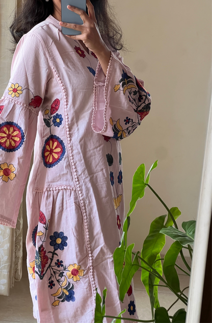 A0138 Nude Pink Premium Cotton Short frock  with Machine Embroidery