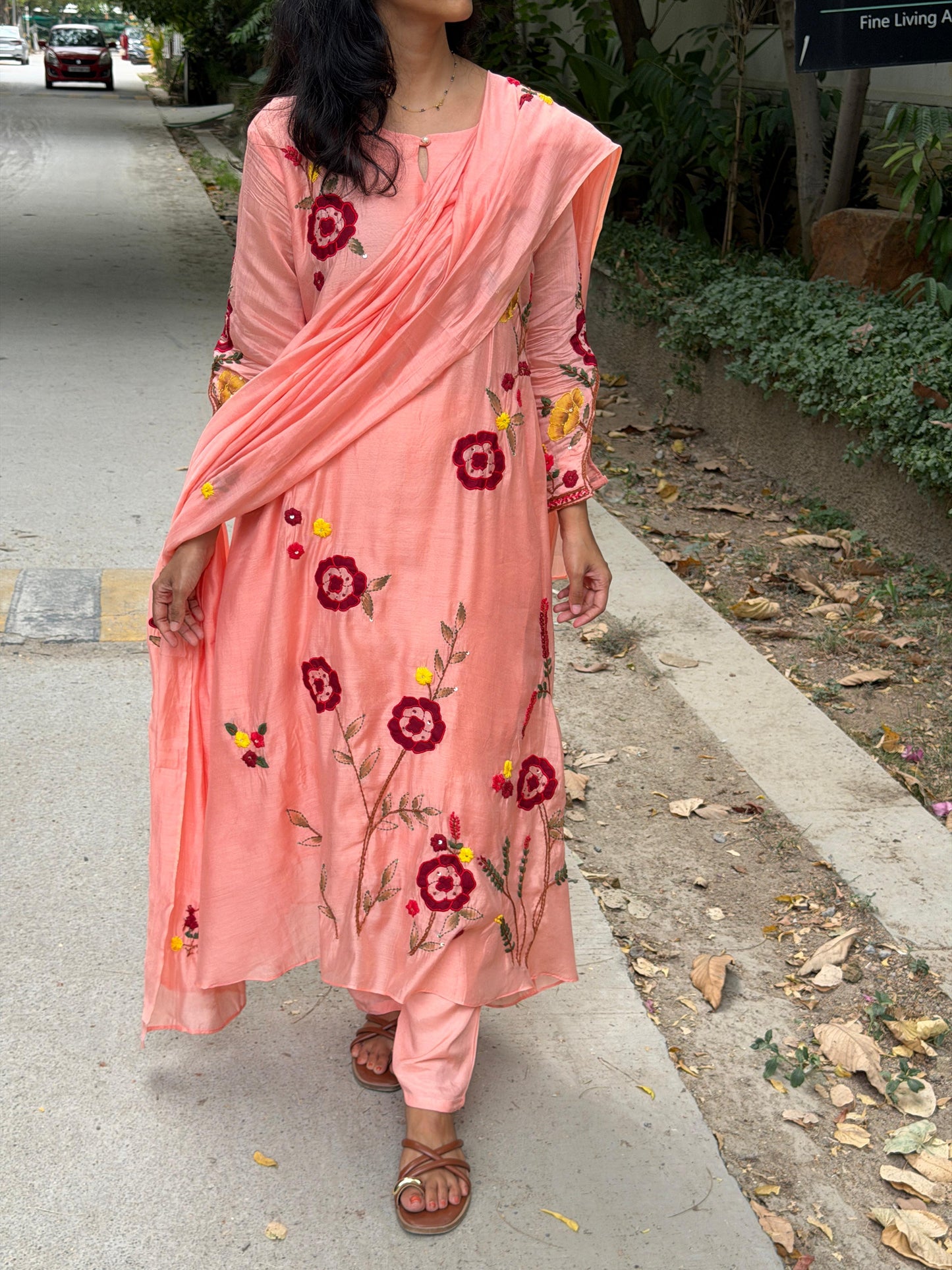 A0766 peach Mul chanderi 3 piece dress with hand paint , applique work & hand embroidery detailing all over the dress