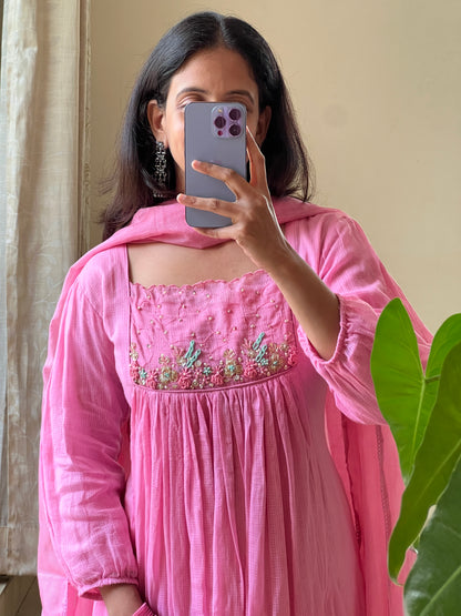A0510 baby pink cotton kota 3 piece dress with hand embroidery detailing on yoke and butties all over dupatta