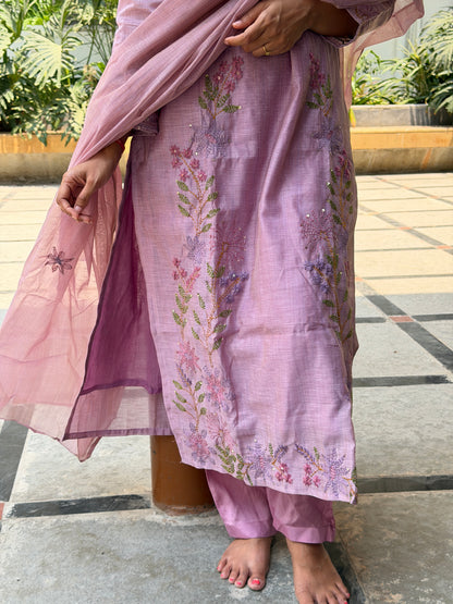 A0739 lavender matka chanderi straight cut 3 piece dress with Kantha work detailing all over the dress & butties all over the duppatta