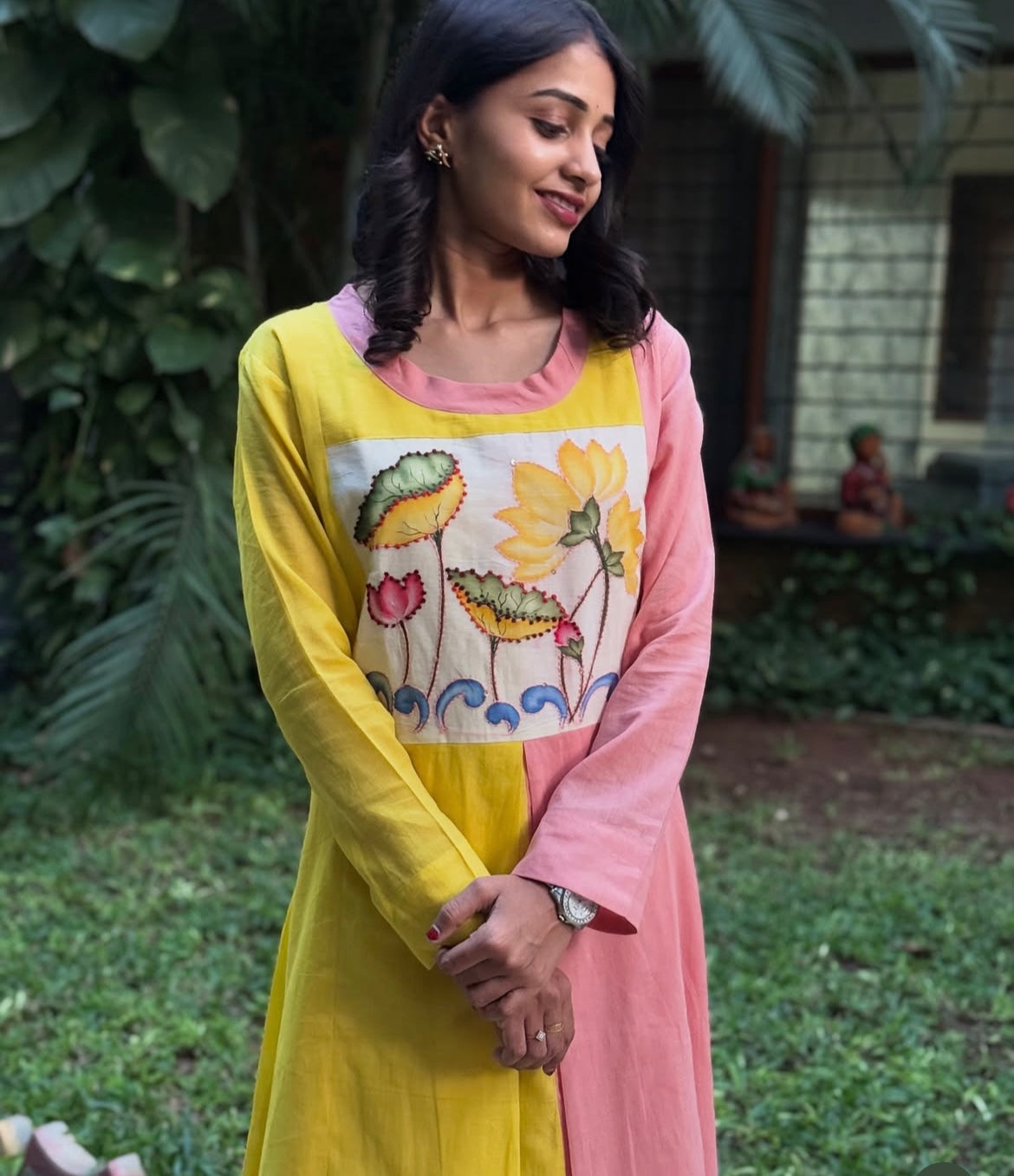 A0203 yellow & peach Mulmul two shades attached one piece dress with hand paint and hand embroidery patch work