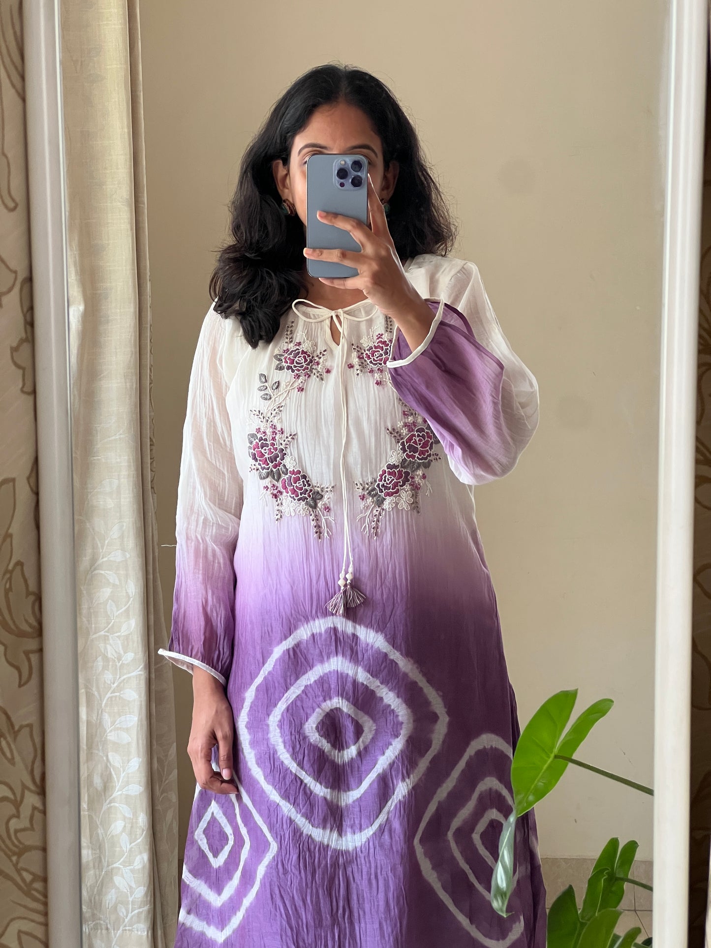 A0500 white & purple tie dye mul chanderi coord set with hand embroidery detailing on yoke part