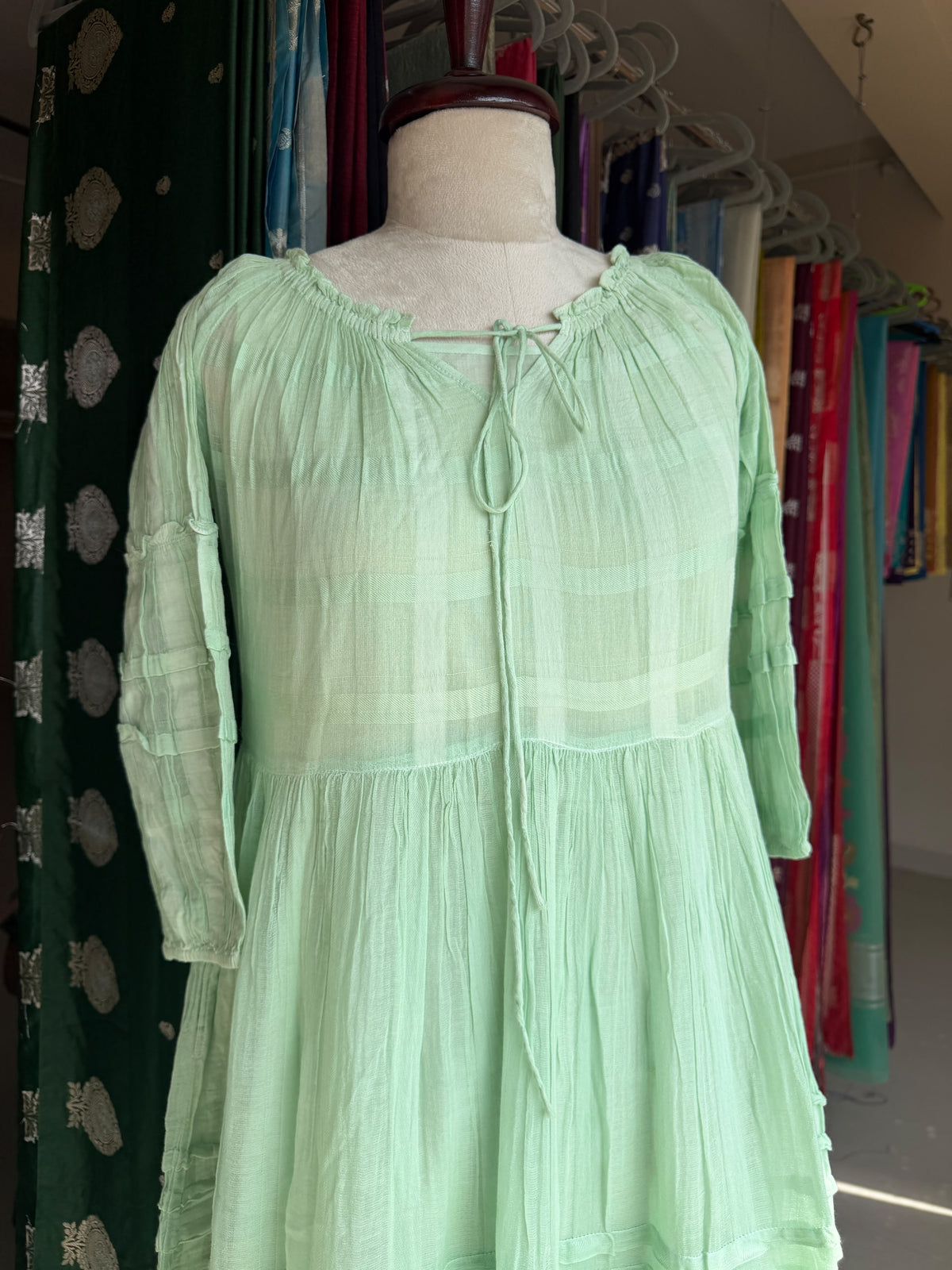 Sea green pure cotton self design one piece dress