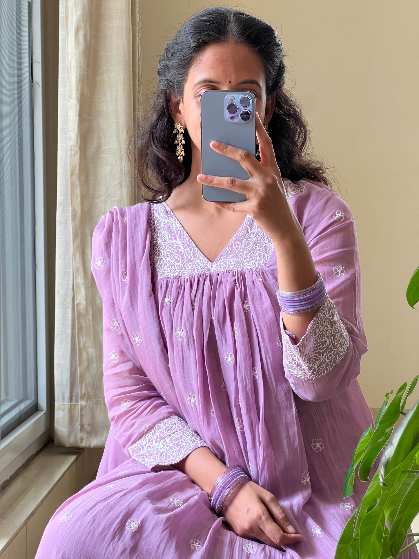 A0518 lavender mul chanderi 3 piece dress with embroidery detailing all over the dress