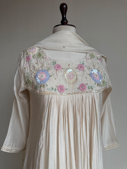 A0843 cream mul chanderi hand embroidery 3 piece dress