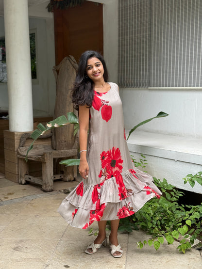 A0838 Grey Cotton silk dress with floral print design