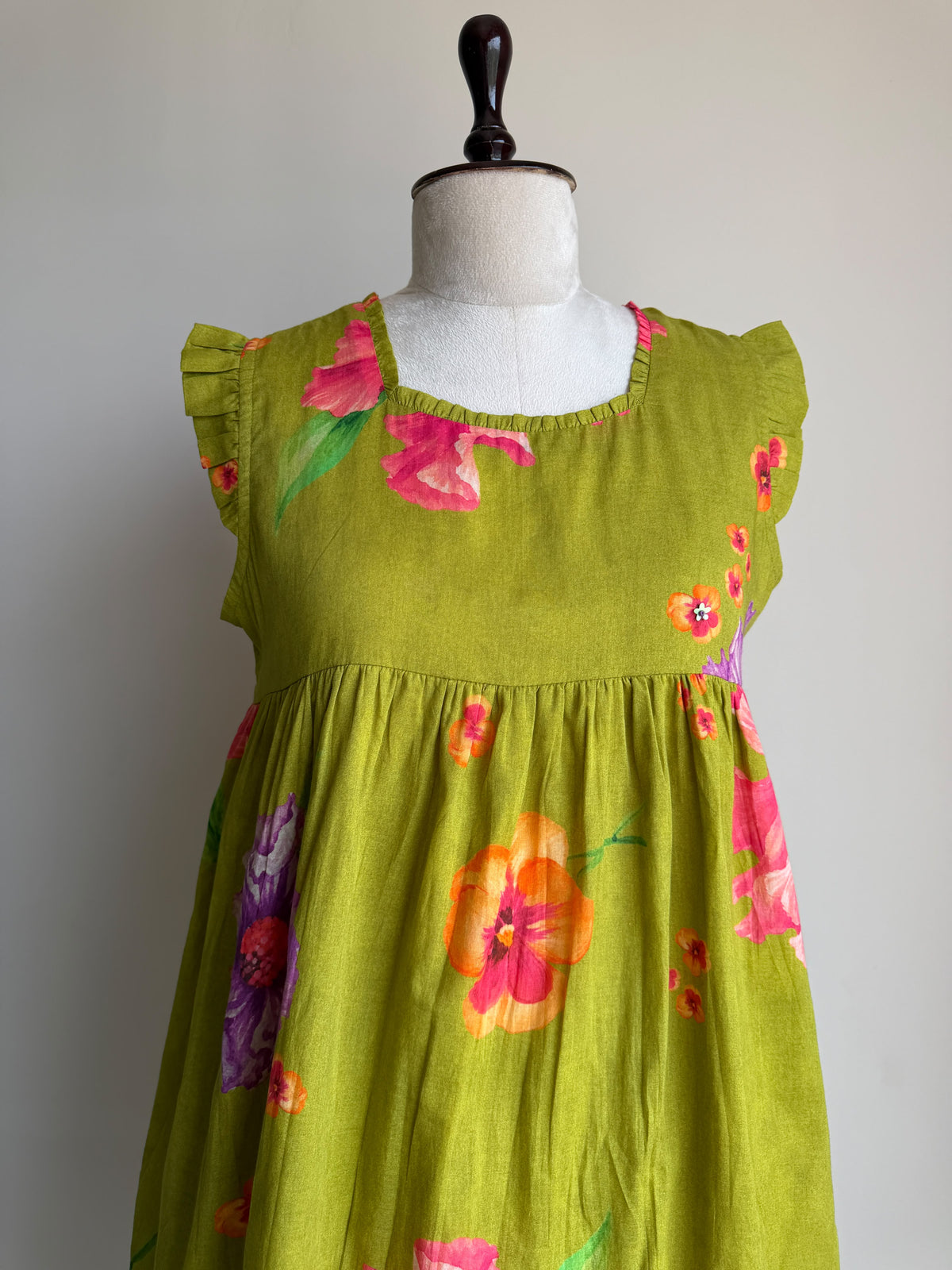 A0865 green mul cotton floral digital one piece dress