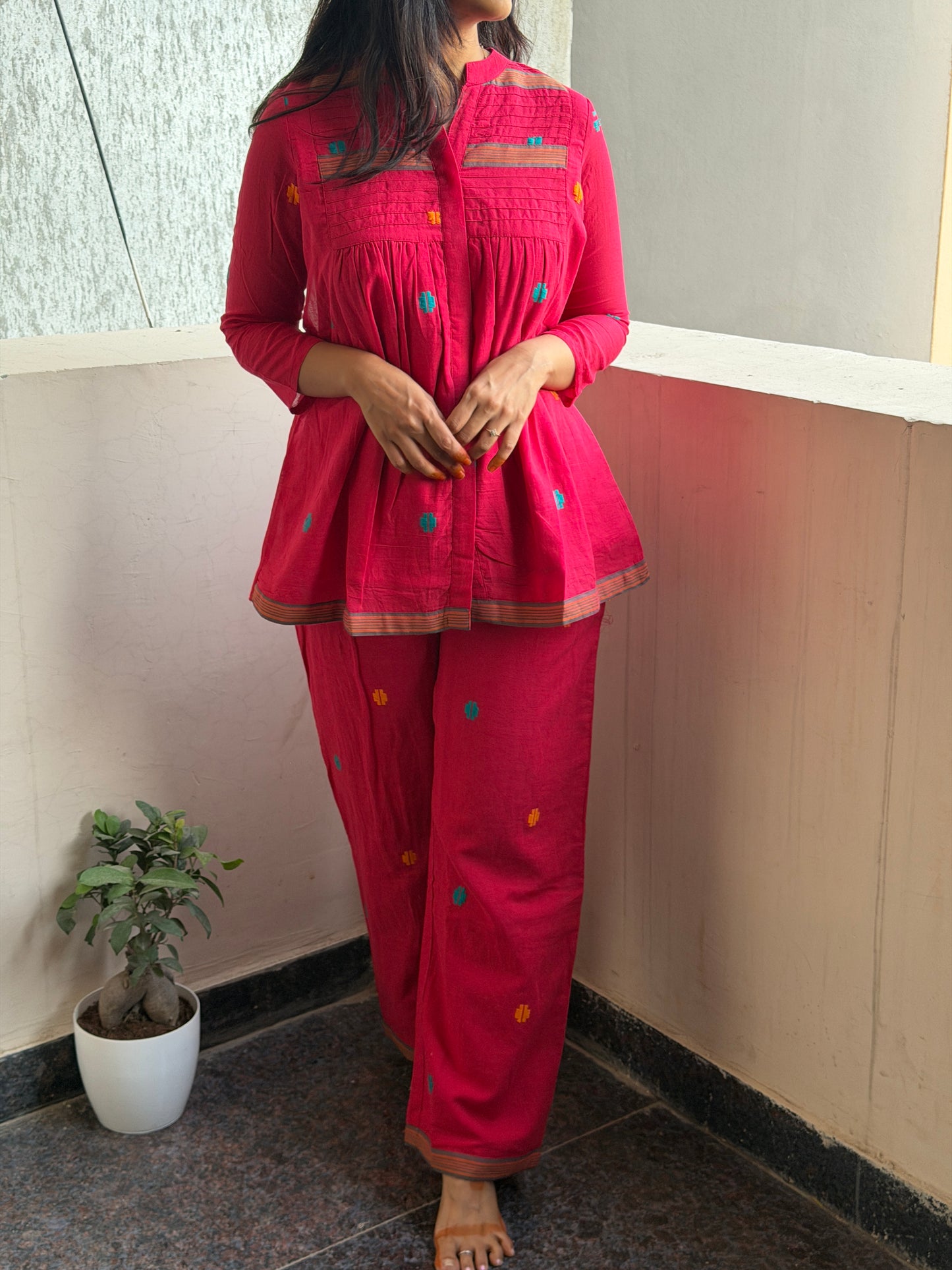 Hot pink Jamdani cord set with pure cotton linings