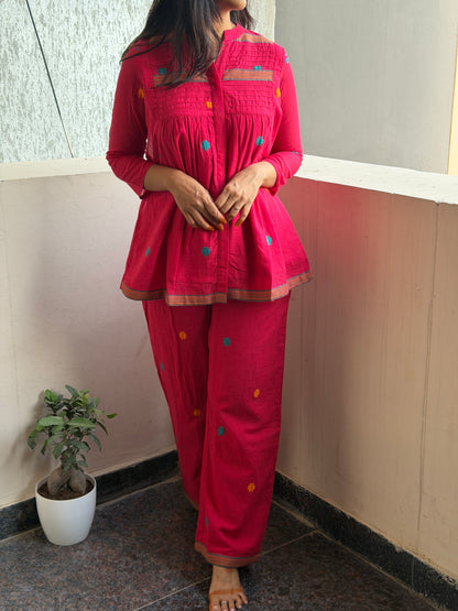 Hot pink Jamdani cord set with pure cotton linings