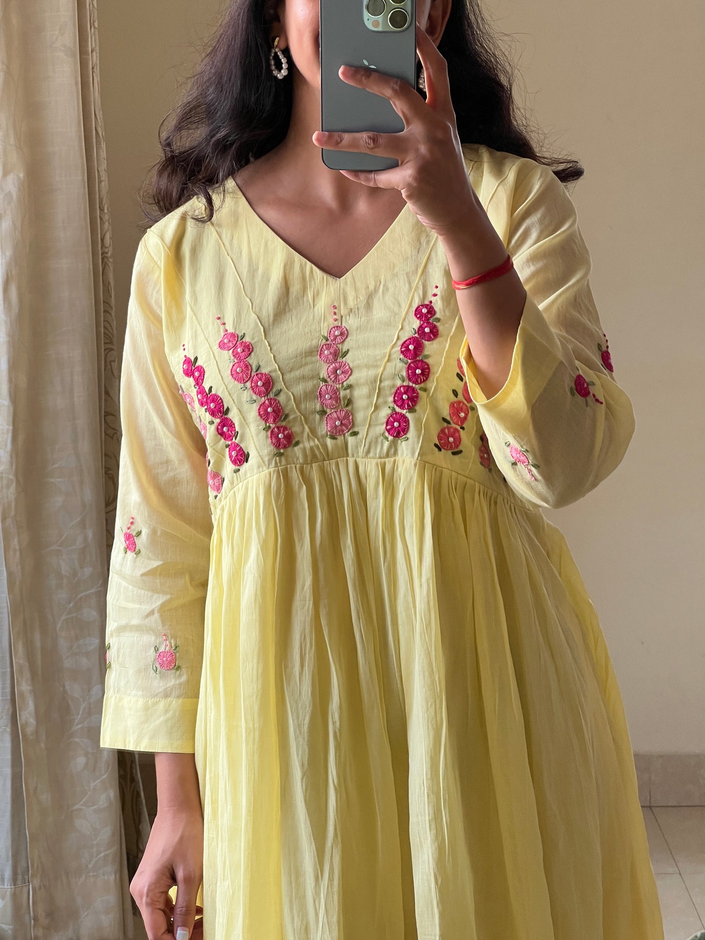 A0646 yellow Mulmul cotton one piece dress with hand embroidery detailing on yoke part