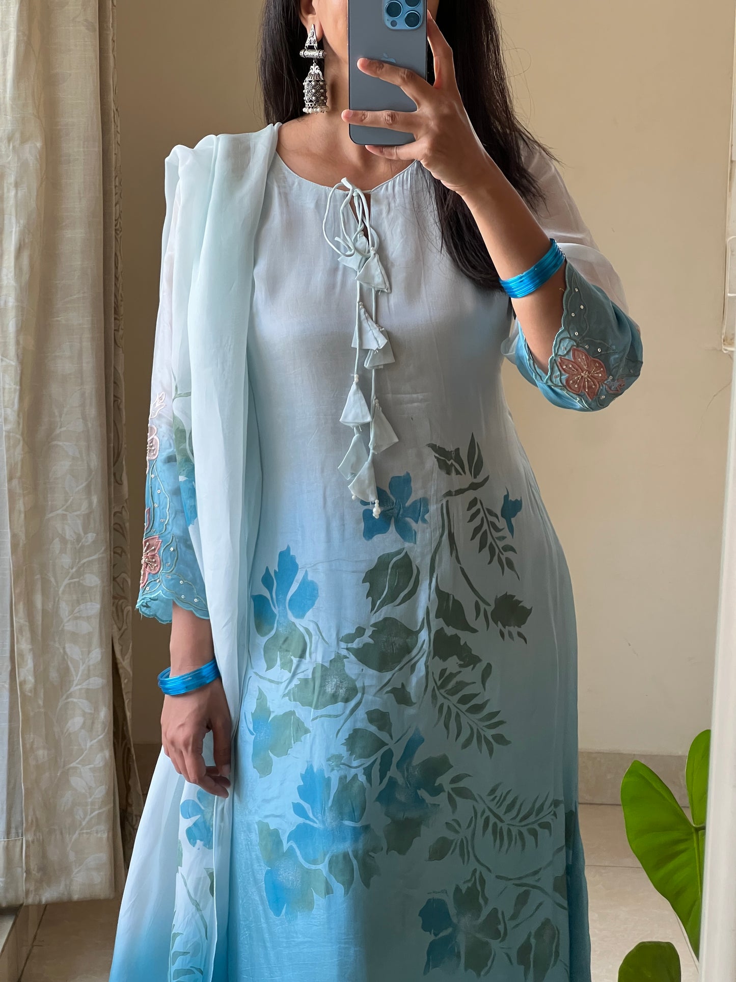 A0562 blue shaded silk 3 piece dress with applique work, hand painted & hand embroidery