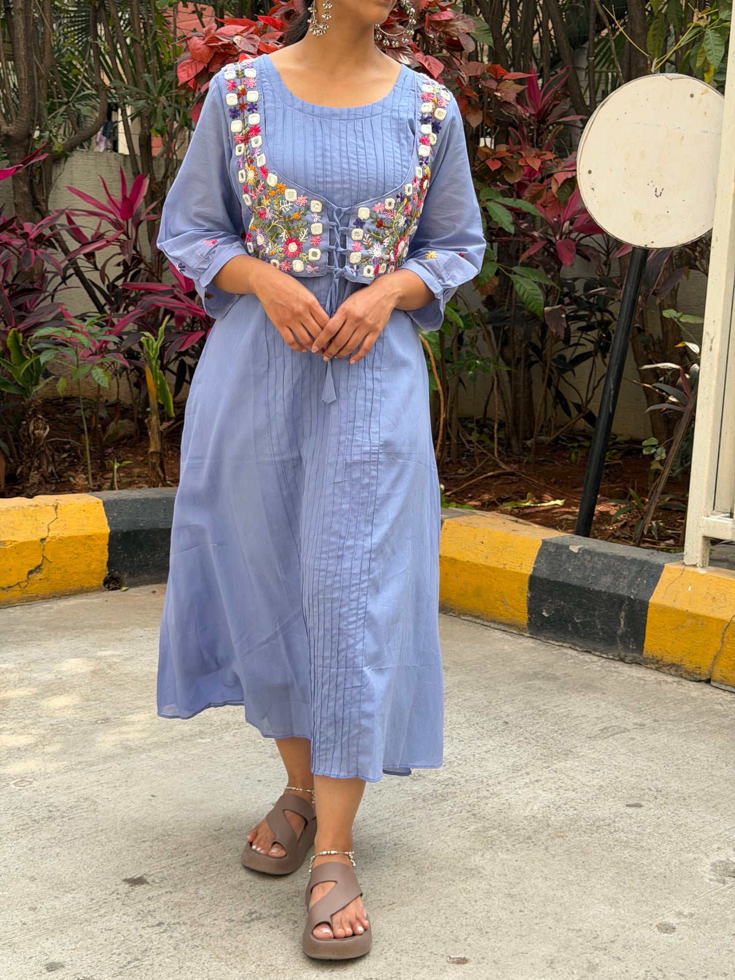 A0586 Lavender dress with mirror and hand emb detailing, comes with cotton lining