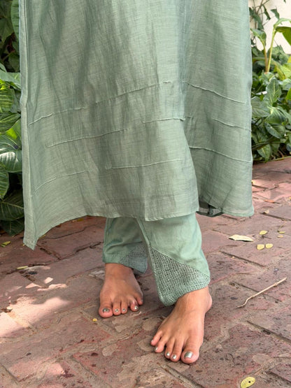 A0619 green Mul chanderi coord set with hand embroidery & lace detailing