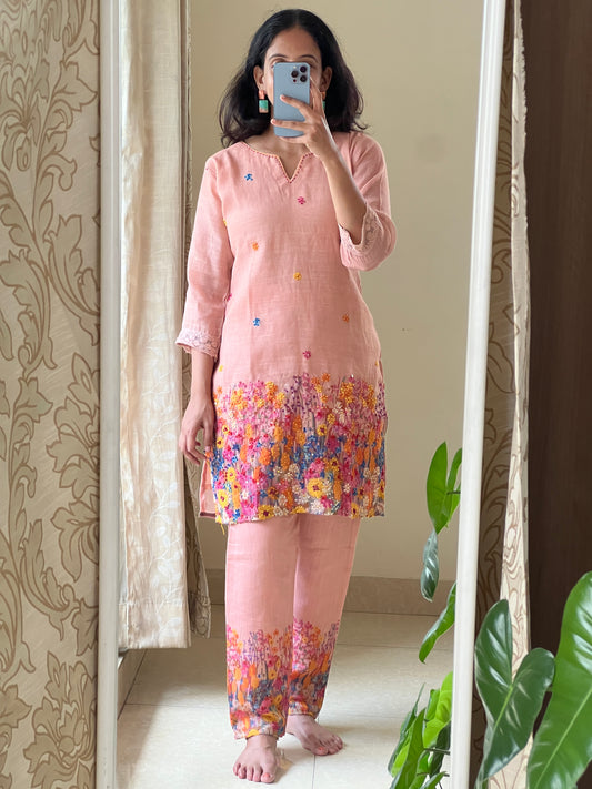 A0529 peach Lenin coord set with floral printed & knot work embroidery over the top & bottom