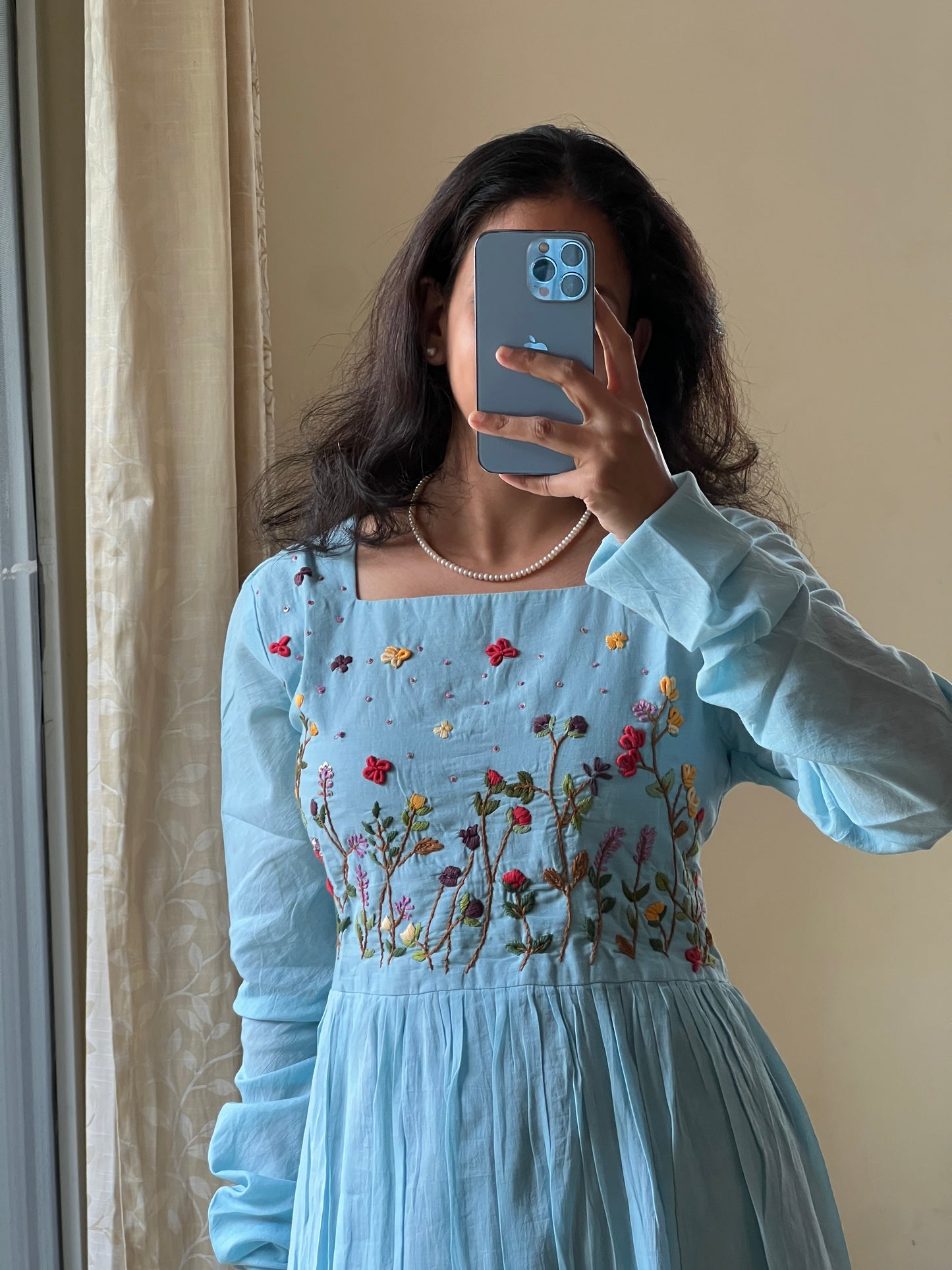 #9144 Mulmul blue shaded 2 piece dress with hand embroidery