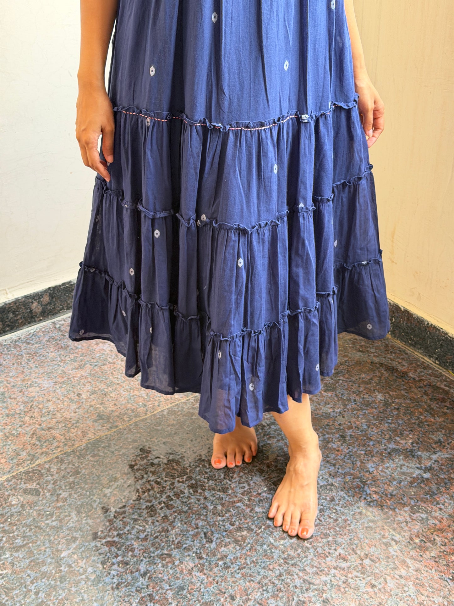 A0744 Blue Bengal cotton Jamdani dress with floral hand embroidery detailing