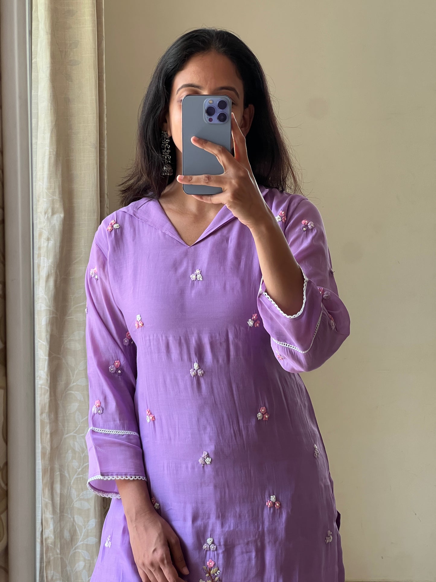 A0514 purple mul chanderi 2 piece dress with hand paint & hand embroidery detailing
