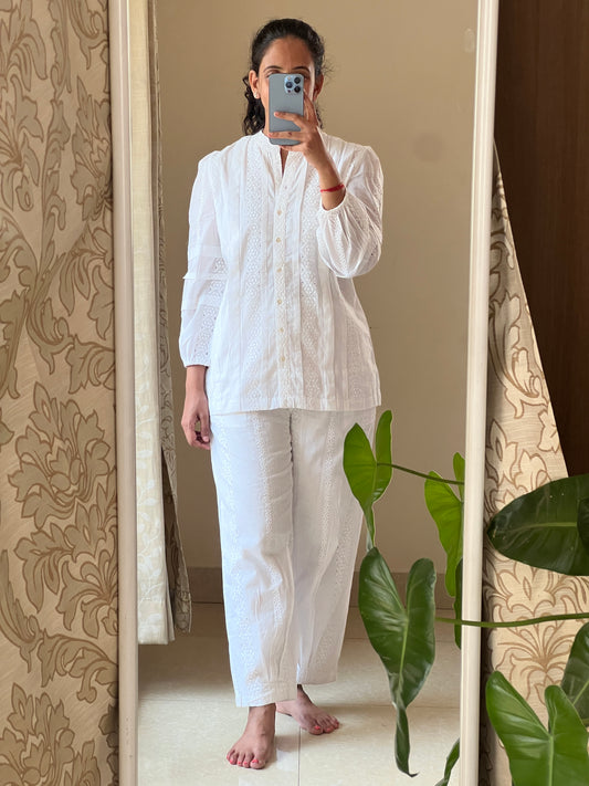 A0669 white Hakoba cotton coord set with machine embroidery all over