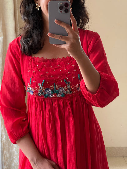 A0497 red mul chanderi one piece dress with hand embroidery detailing on yoke part