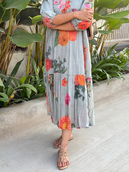 A0742 Sage grey Mul cotton  digital print dress